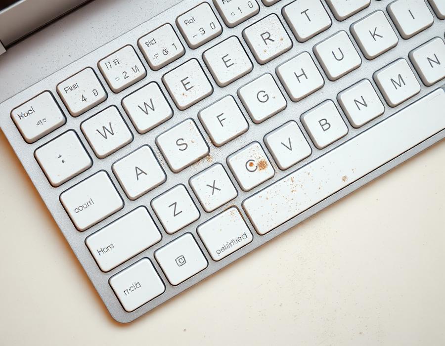 Clavier blanc rempli de poussière entre les touches